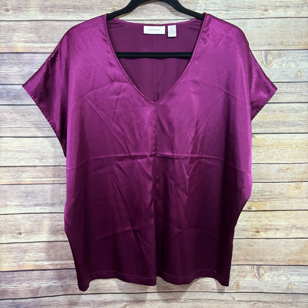 Chico's 2 Women's Purple Silky Satin Oversized Boxy Blouse Top Large